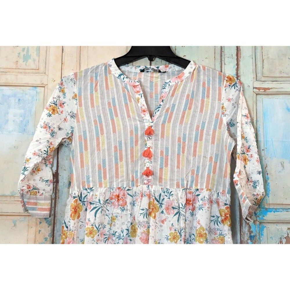 Melange Womens Size Medium Multicolor 3/4 Sleeve Split Neck Fit & Flare Dress - Picture 5 of 11